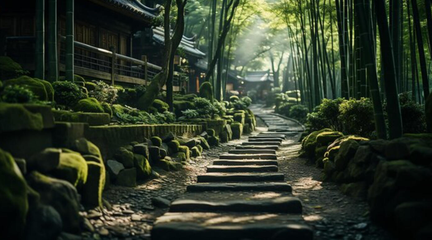 Ambiance ref : photography of the Bamboo forest trail in Kyoto.